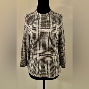 EILEEN FISHER Grey-Ivory Plaid Mockneck Sweater w 3/4 Sleeves - S - Excellent